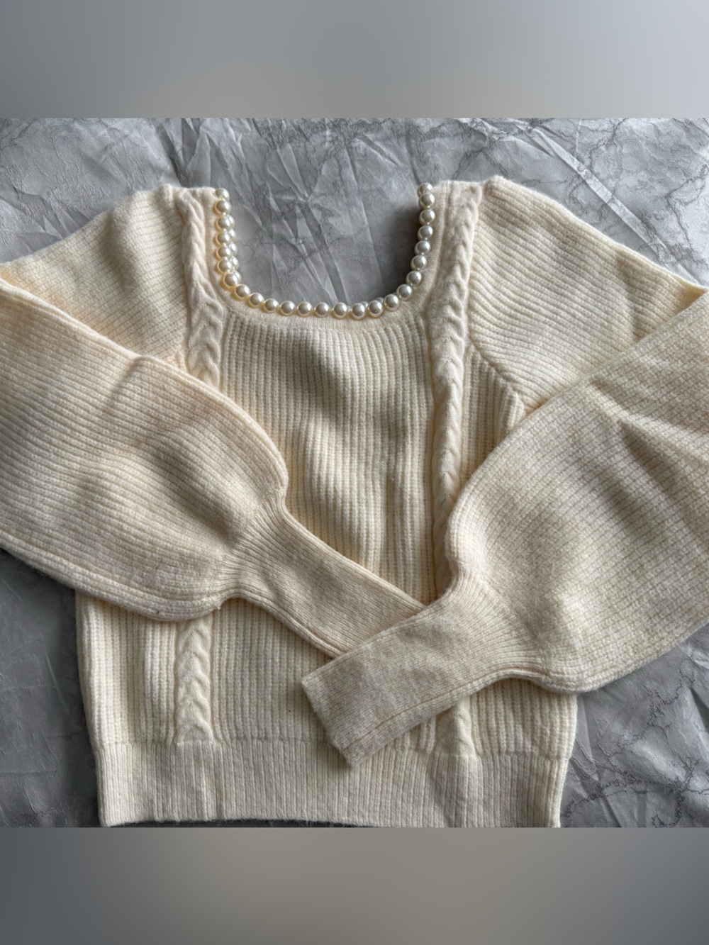 Pearl-Trim Cream Off-the-Shoulder Sweater